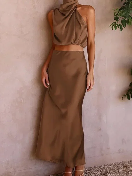 🤎 NWT Satin 2 Piece Skirt Set | Size L | Mock Neck Crop Top + Maxi Skirt - Picture 4 of 6